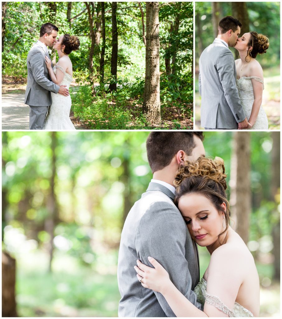 Romantic bride and groom wedding portrait collage in woods at Scotland Run wedding