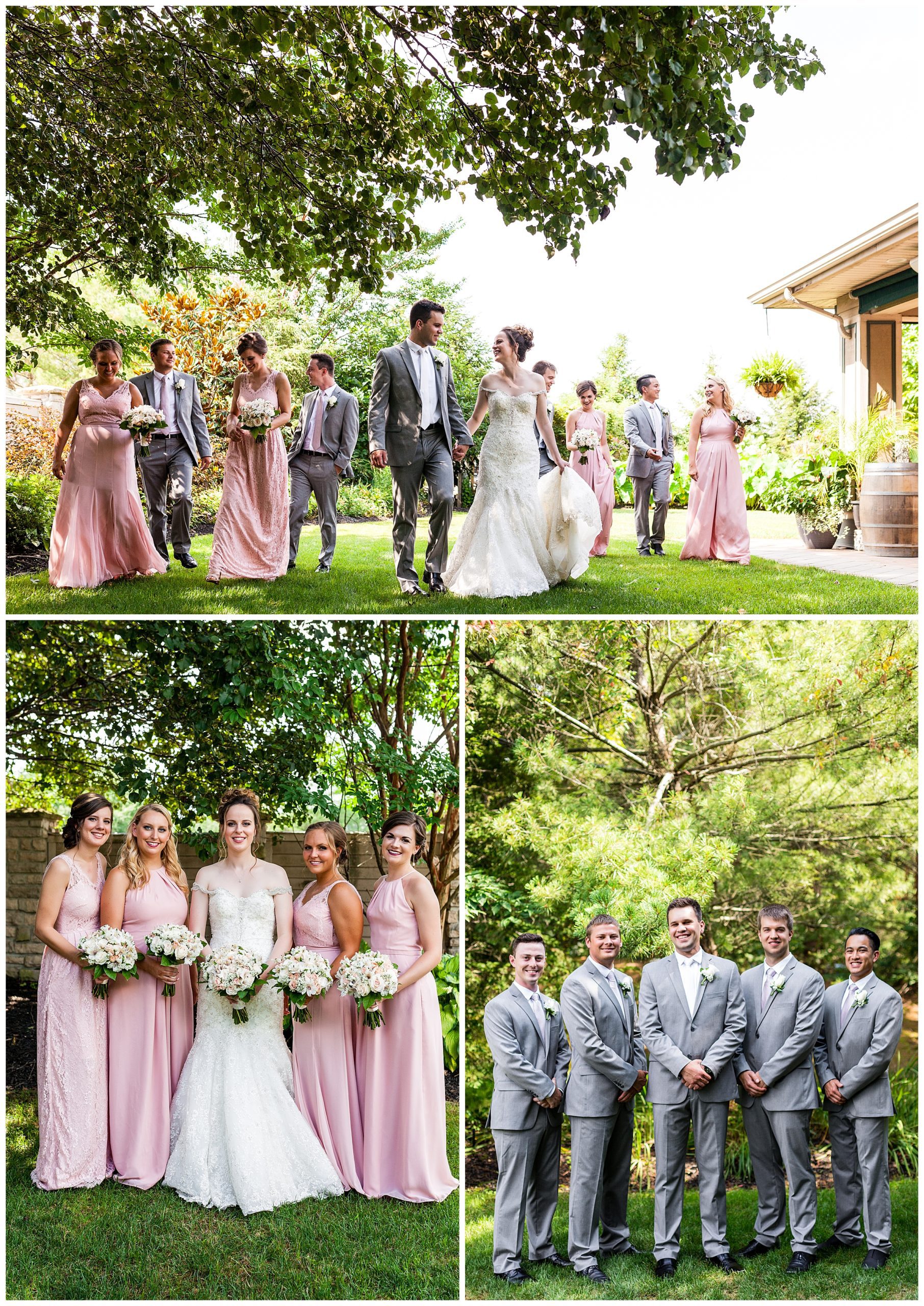 Bride and groom walk through courtyard with wedding party and traditional bridesmaids and groomsmen portrait collage