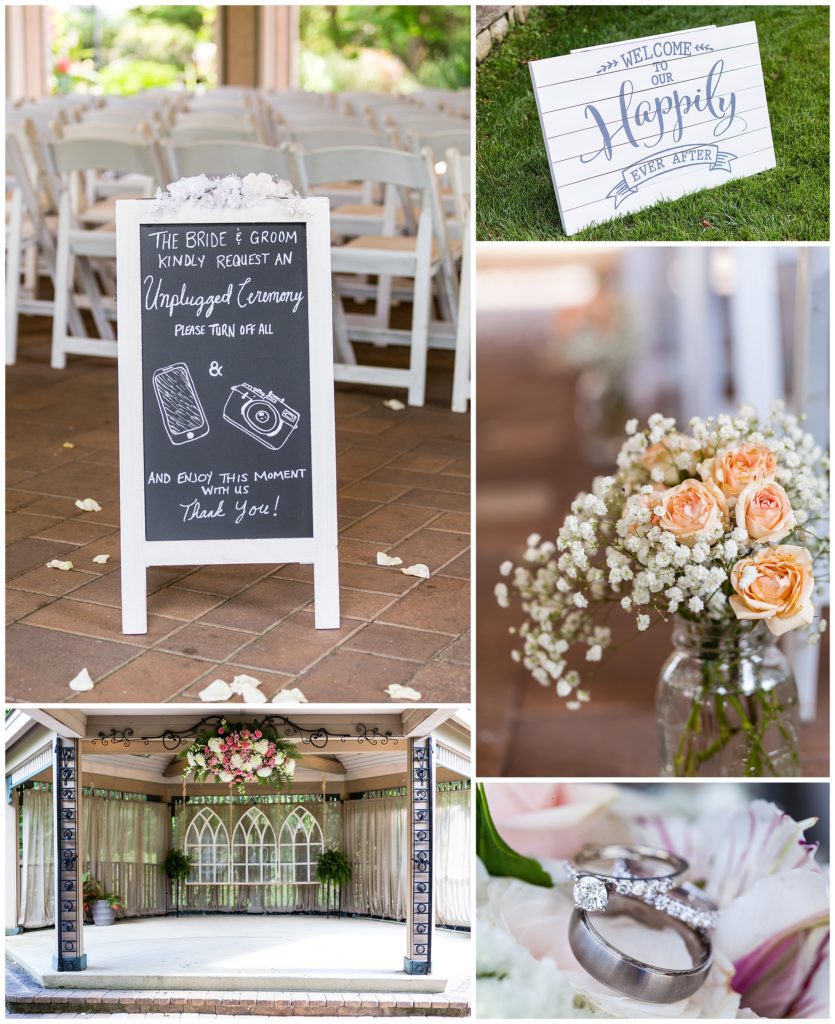 Scotland Run outdoor wedding ceremony details with flowers in the aisle, unplugged ceremony sign, and wedding band detail collage