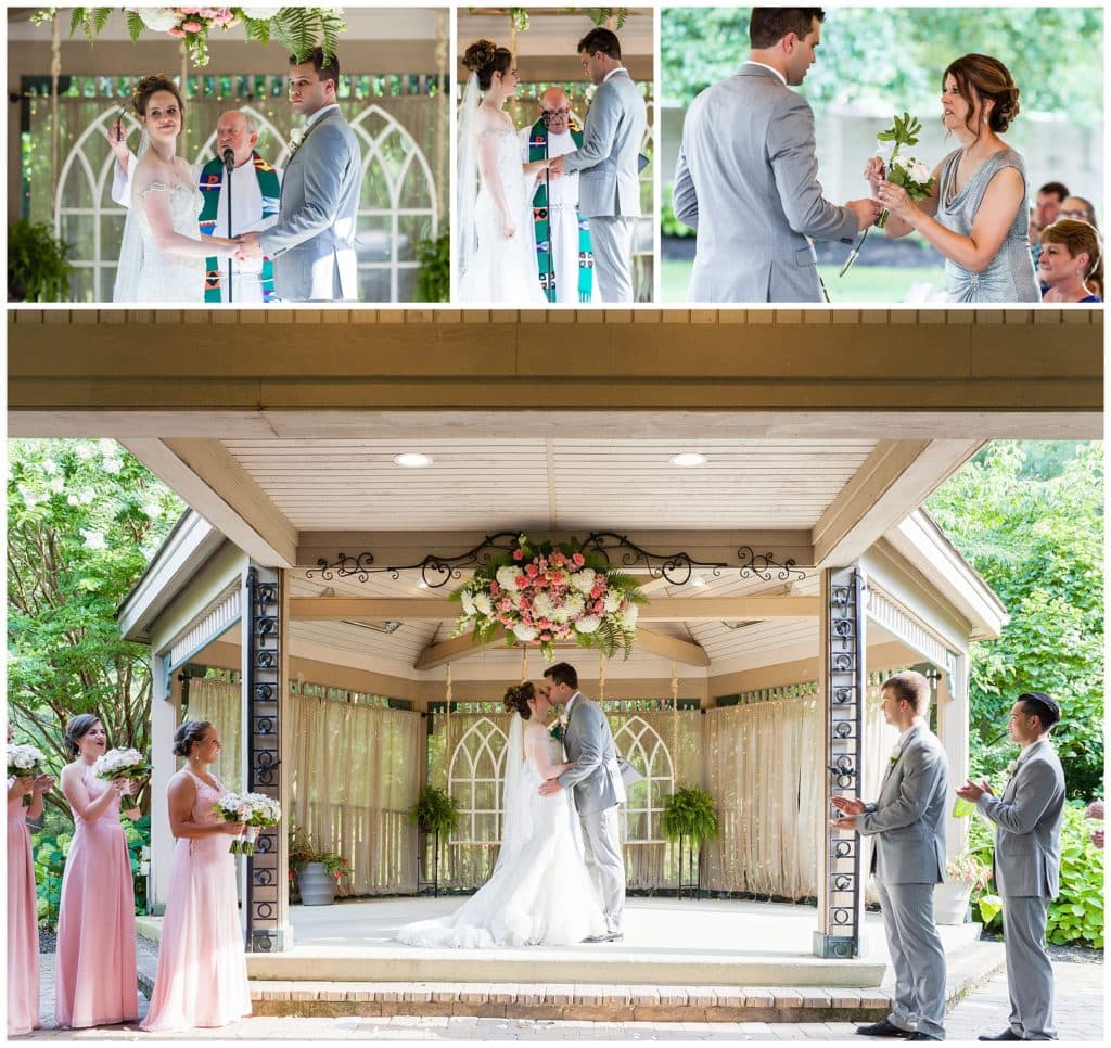 Bride and groom exchange rings and kiss at Scotland Run wedding ceremony collage