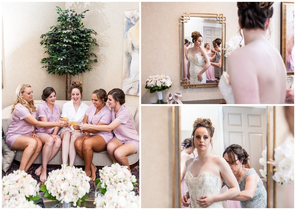 Bridesmaids in matching pajamas toast mimosas and help bride into her wedding gown collage