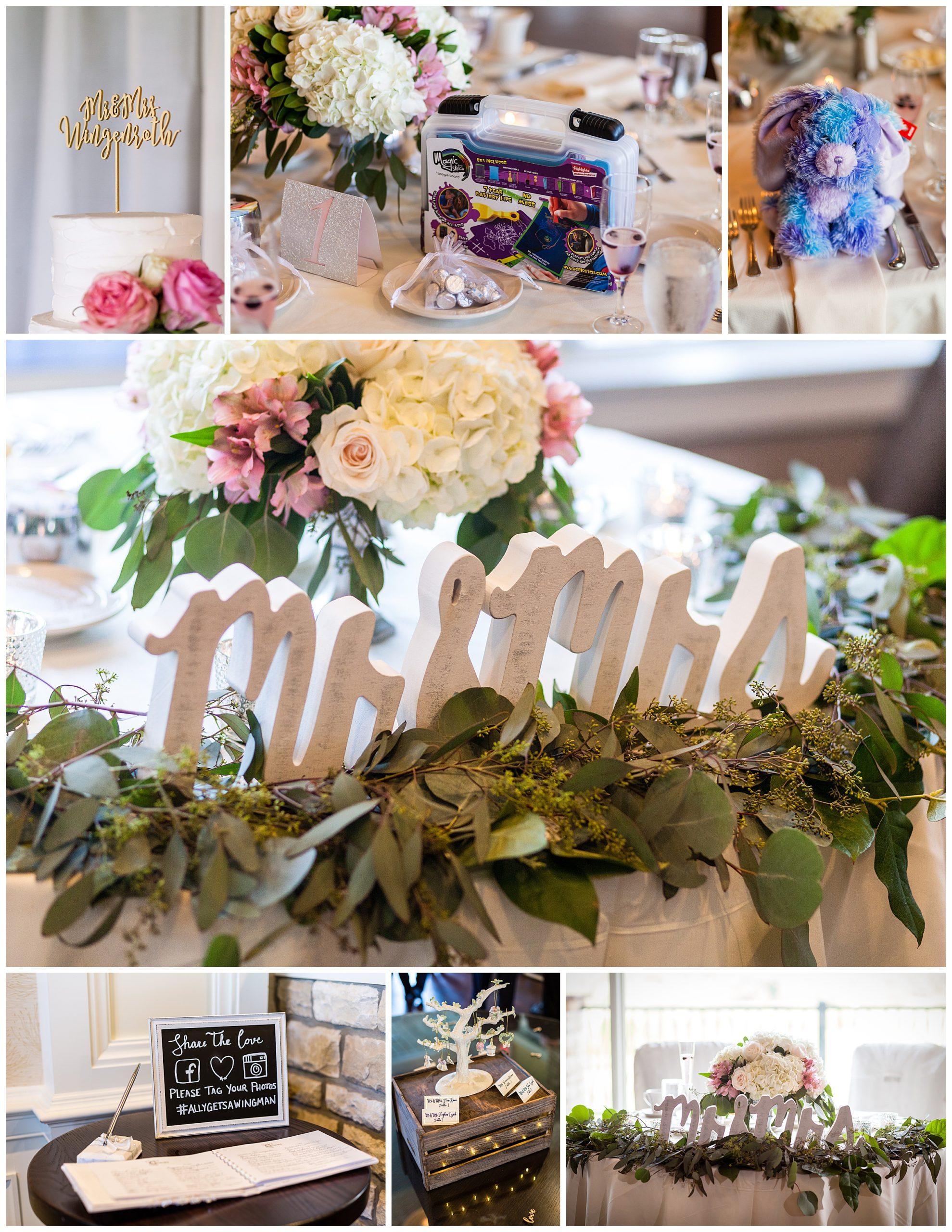 Scotland Run wedding reception details with wedding cake, guest book, sweetheart table, and mr. and mrs. signs