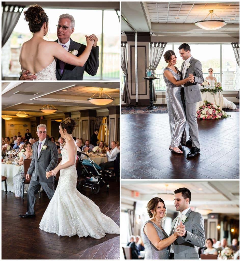 Parent dances with father of the bride and mother of the groom collage at Scotland Run wedding reception