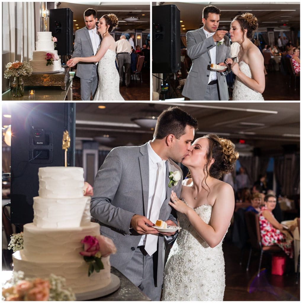 Bride and groom cut cake, groom feeds bride cake and kiss collage at Scotland Run wedding reception