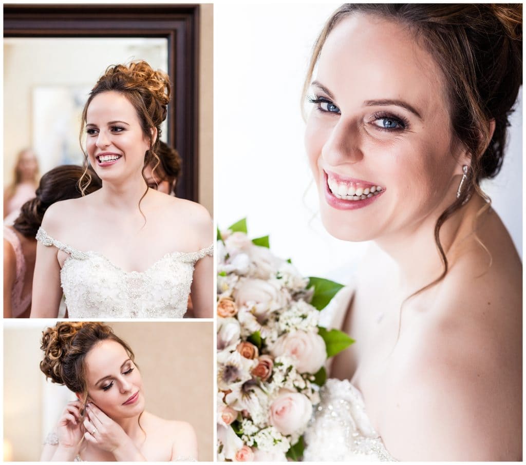 Traditional bridal portrait collage with bride putting on earrings
