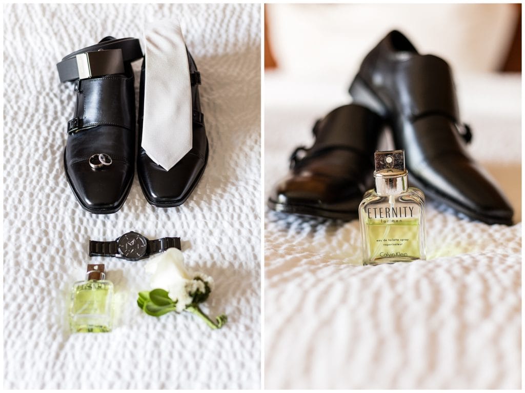 Groom accessory collage with dress shoes, belt, white tie, watch, cologne, and white rose boutonniere
