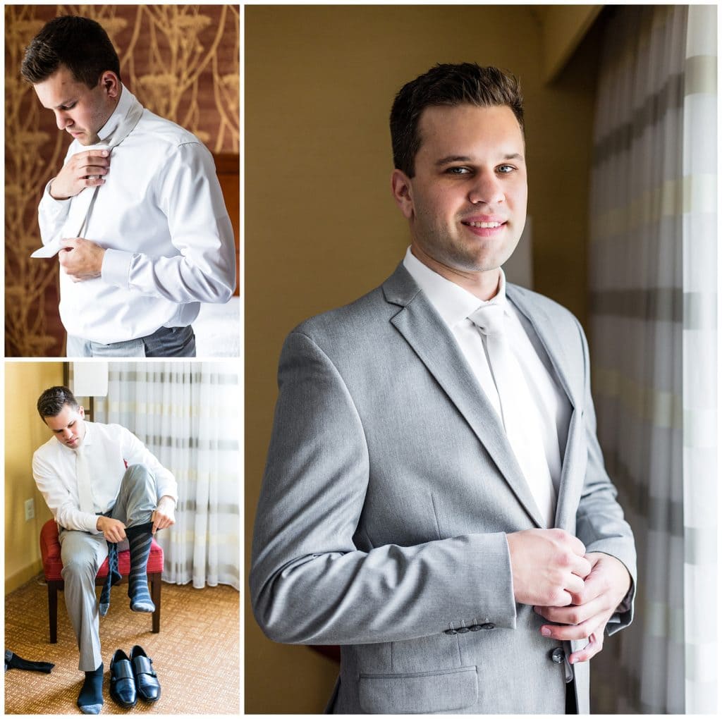 window lit groom portrait collage with groom tying tie and putting on socks