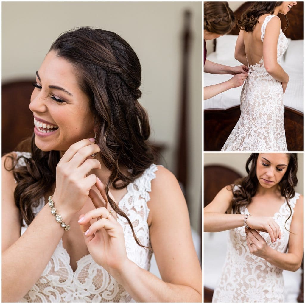 Bride getting ready collage with bride putting on earrings and bracelet and bridesmaid buttoning brides gown