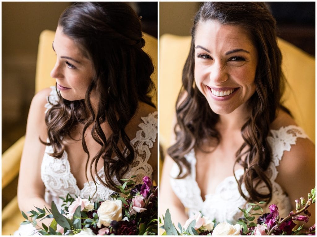 Traditional window lit bridal portrait collage with bouquet