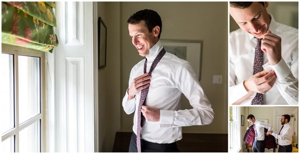 Traditional window lit groom portrait getting ready collage with groom tying tie, buttoning cufflinks, and groomsmen helping with jacket