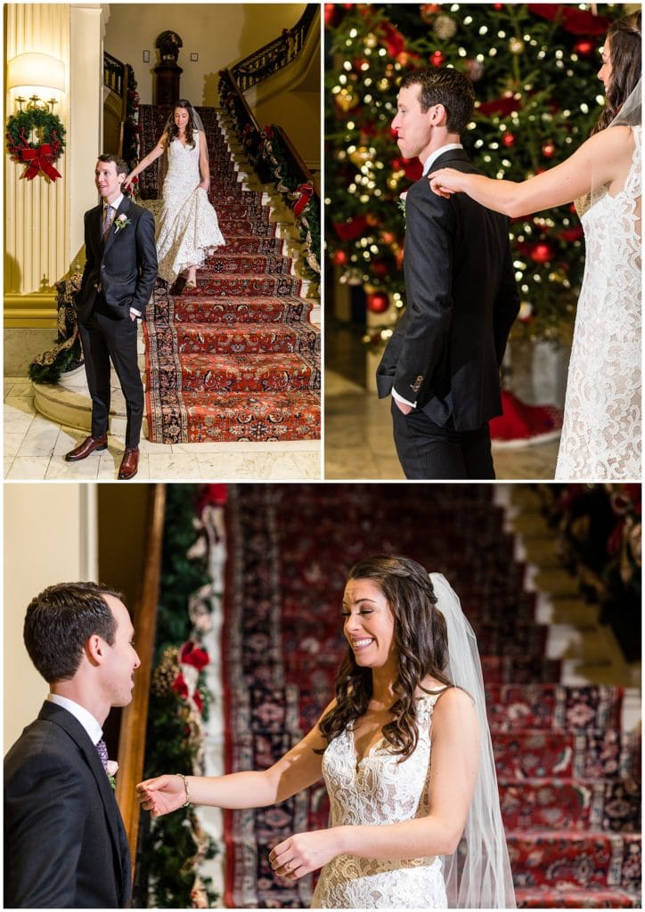 Bride and groom first look on staircase at Racquet Club of Philadelphia winter wedding
