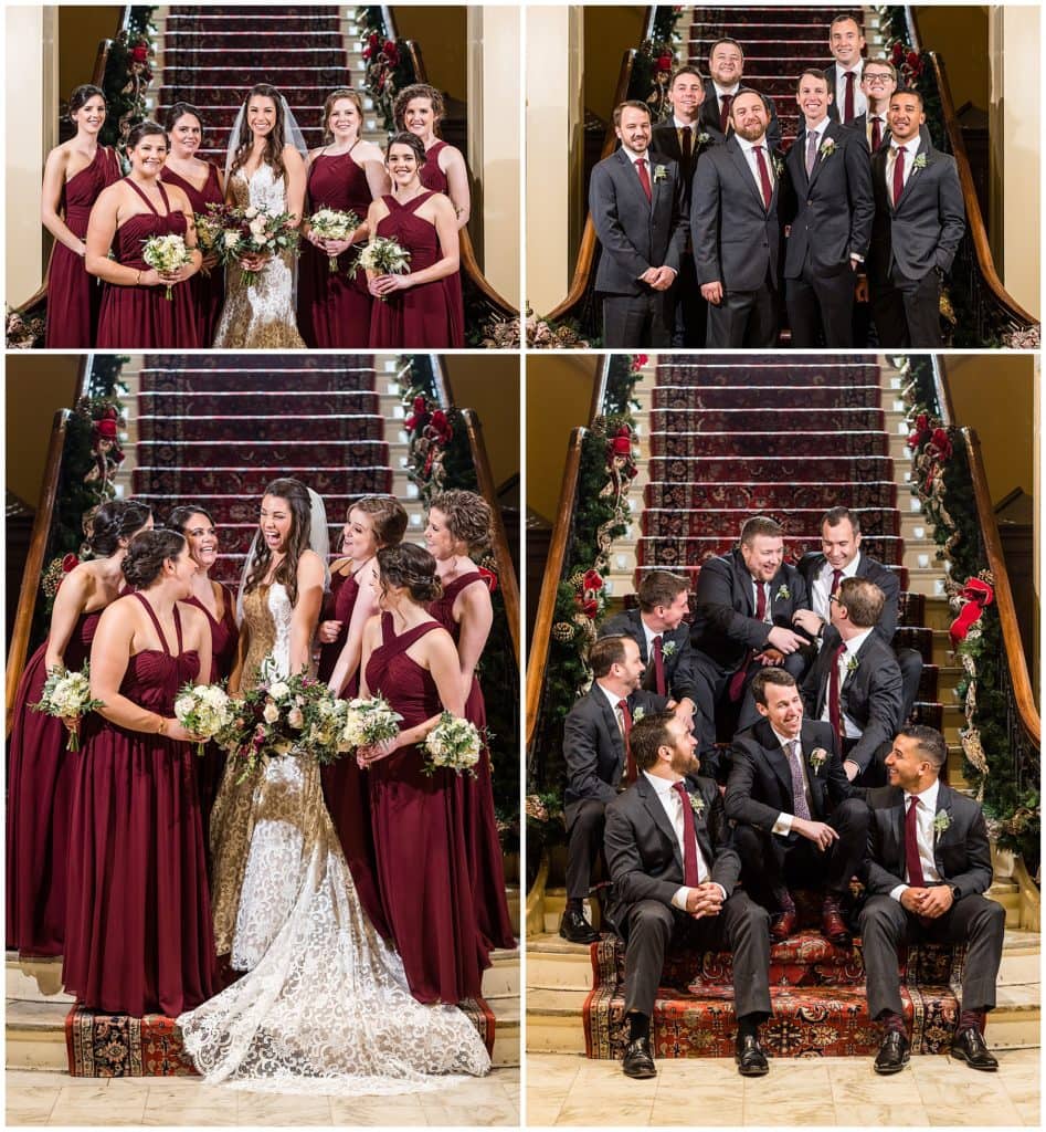 Bridal party and groomsmen portraits on staircase at Racquet Club of Philadelphia winter holiday wedding