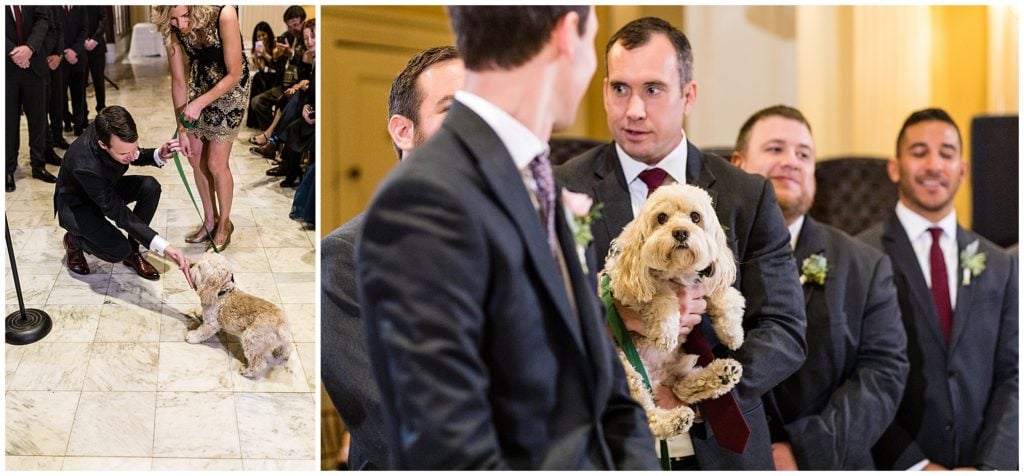 Racquet Club of Philadelphia wedding ceremony with dog walking down aisle and being held by groomsman