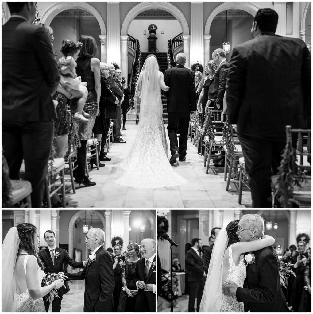 Black and white collage of bride walking down aisle and hugging father at Racquet club of Philadelphia winter holiday wedding