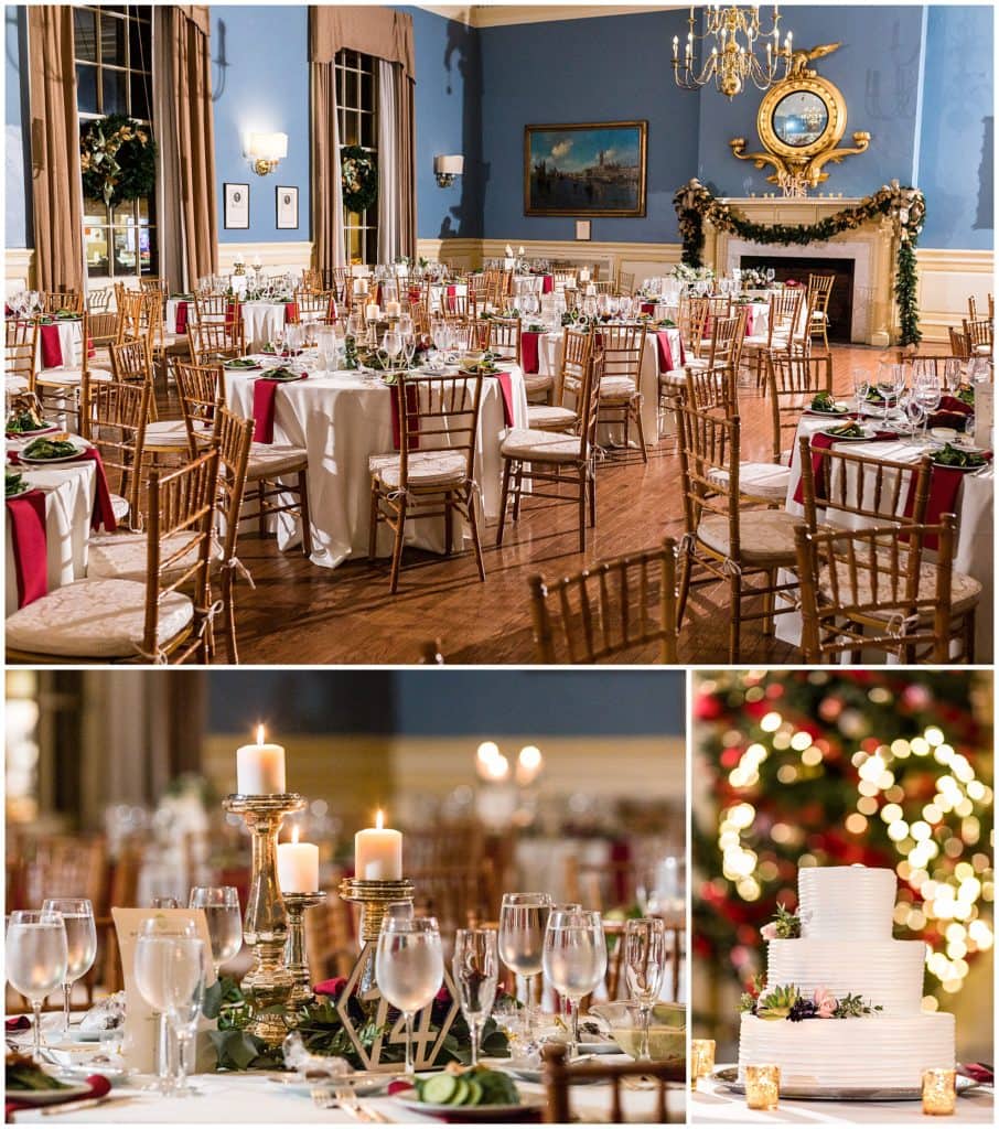 Racquet Club of Philadelphia winter holiday wedding reception detail collage with red and green table florals and simple wedding cake