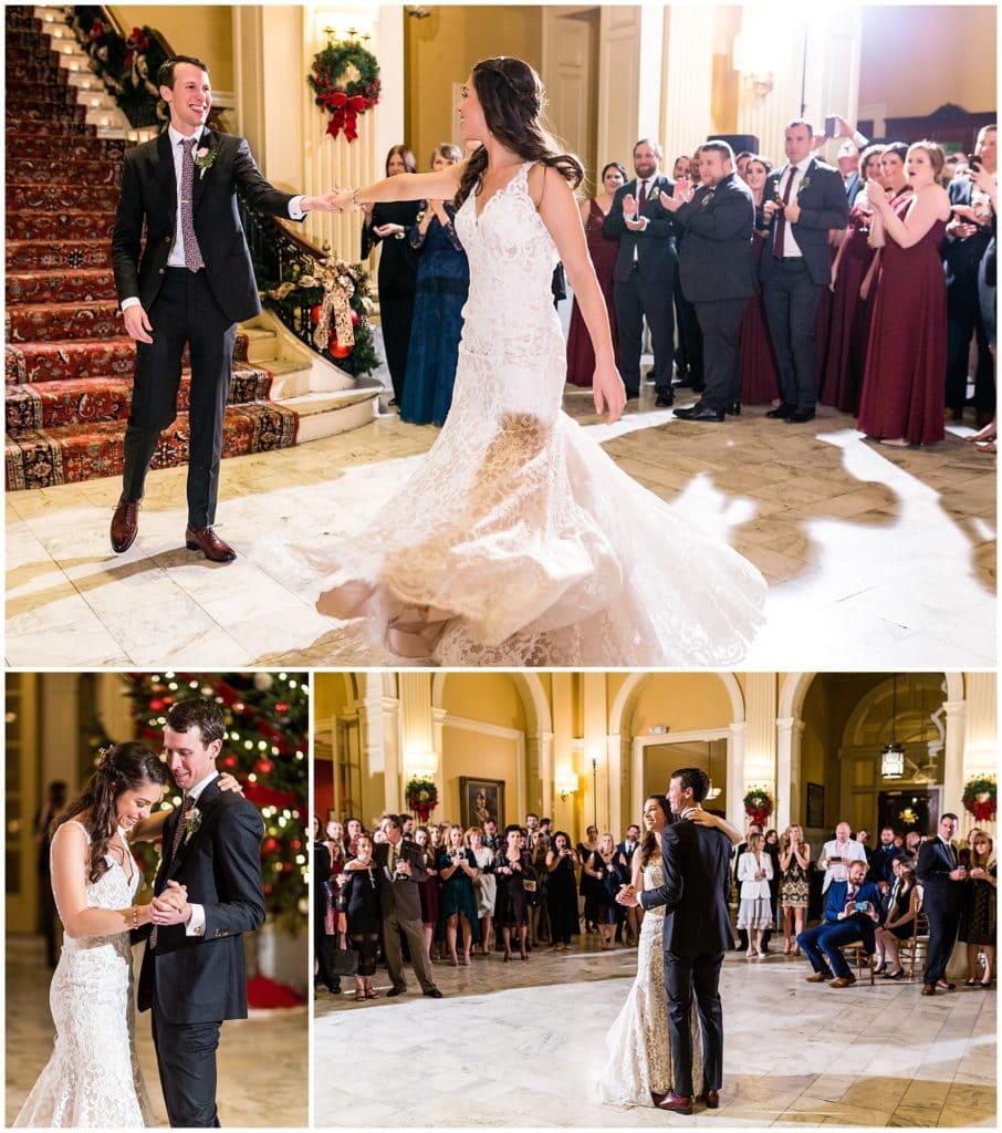 Bride and groom first dance collage at Racquet Club of Philadelphia winter holiday wedding reception