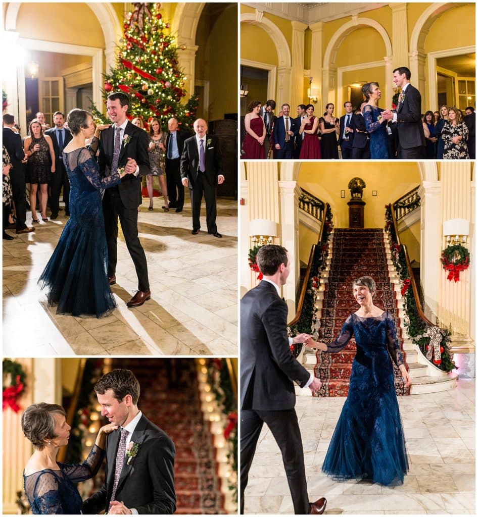 Mother of the groom and groom parent dance at Racquet Club of Philadelphia winter holiday wedding reception