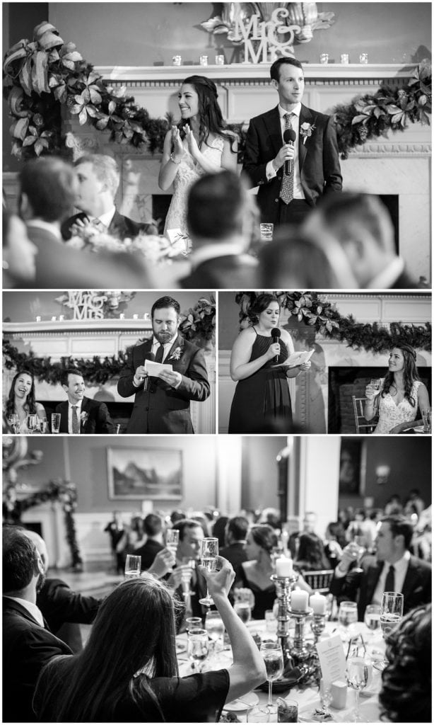 black and white collage of speeches and toasts at Racquet Club of Philadelphia wedding reception