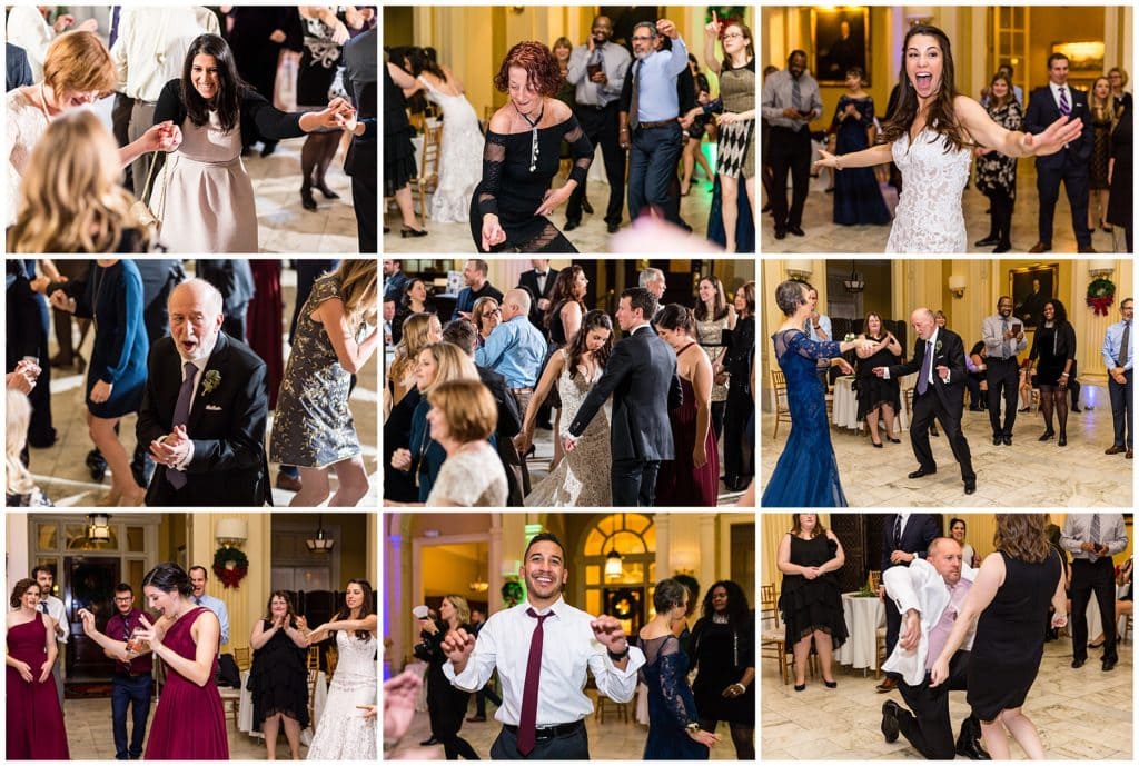 Bride, groom, and guests dancing at wedding reception at Racquet Club of Philadelphia