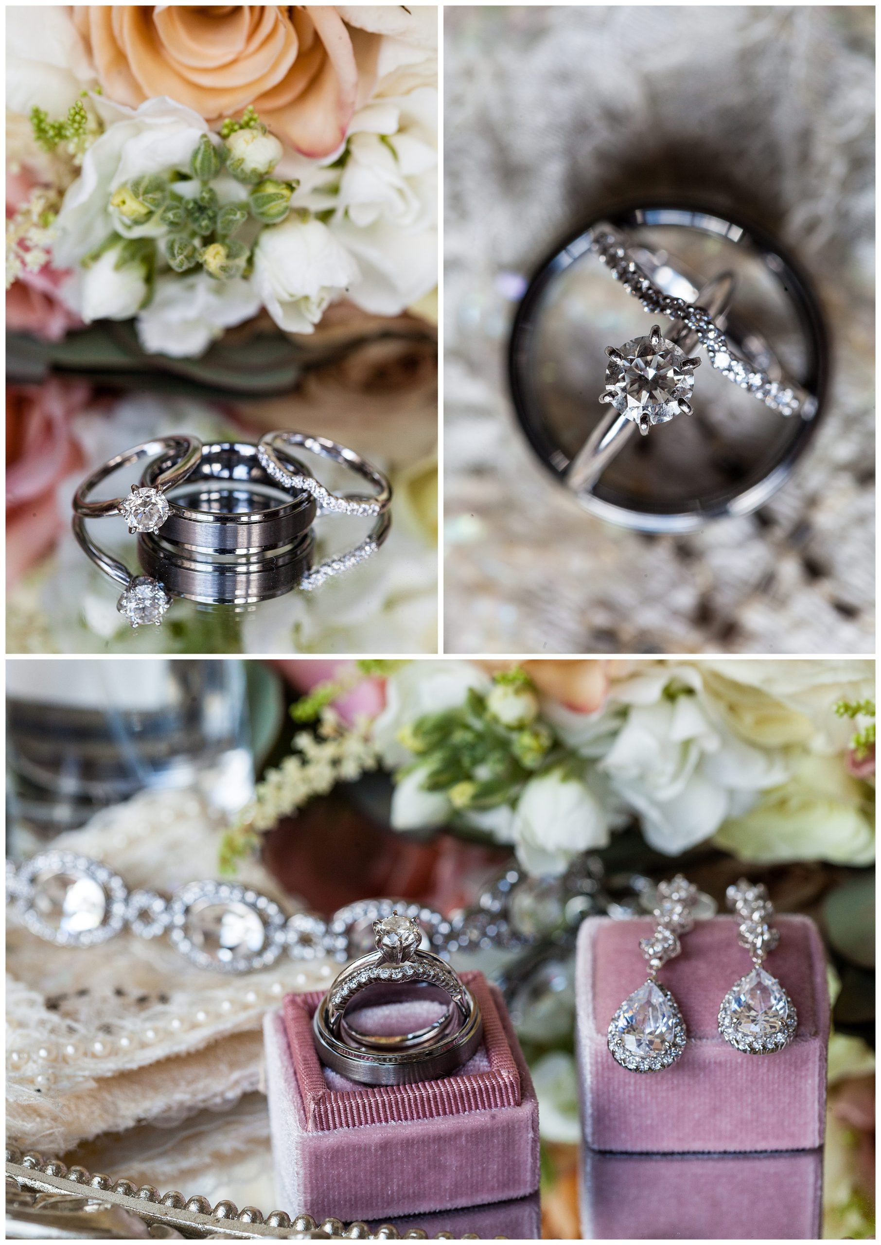 Wedding band and engagement ring detail collage with earrings, bracelet, and florals