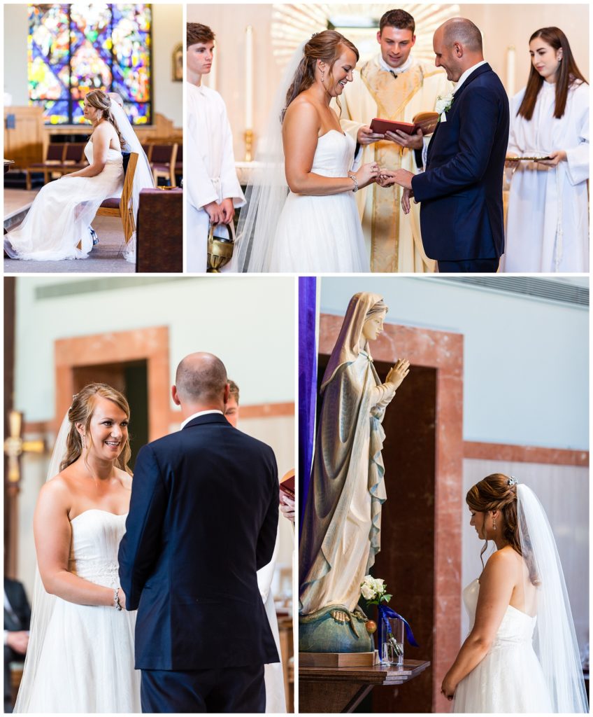 Bride and groom praying and exchanging rings during wedding ceremony at St. Andrew's Church