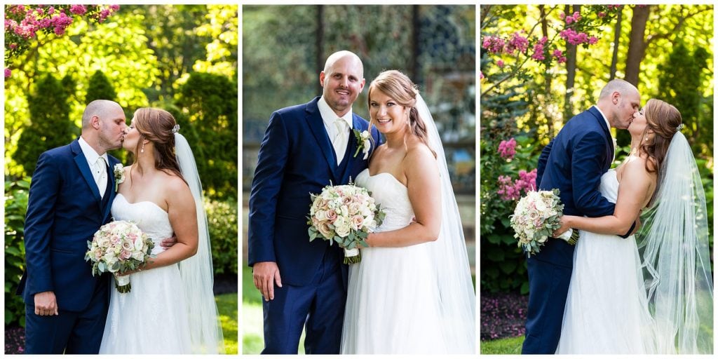 Traditional bride and groom wedding portrait collage in St. Andrew's church garden
