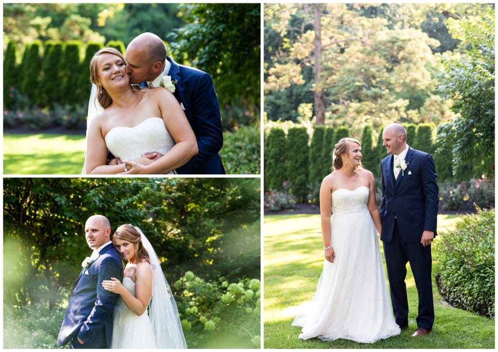 Romantic bride and groom kissing and snuggling in gardens wedding portrait collage