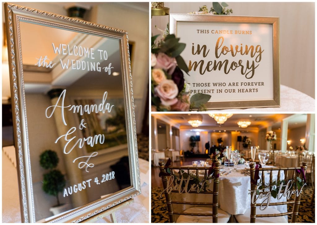 William Penn Inn wedding reception detail collage with calligraphy welcome mirror sign, memory table, and sweetheart table with better together signs on chairs