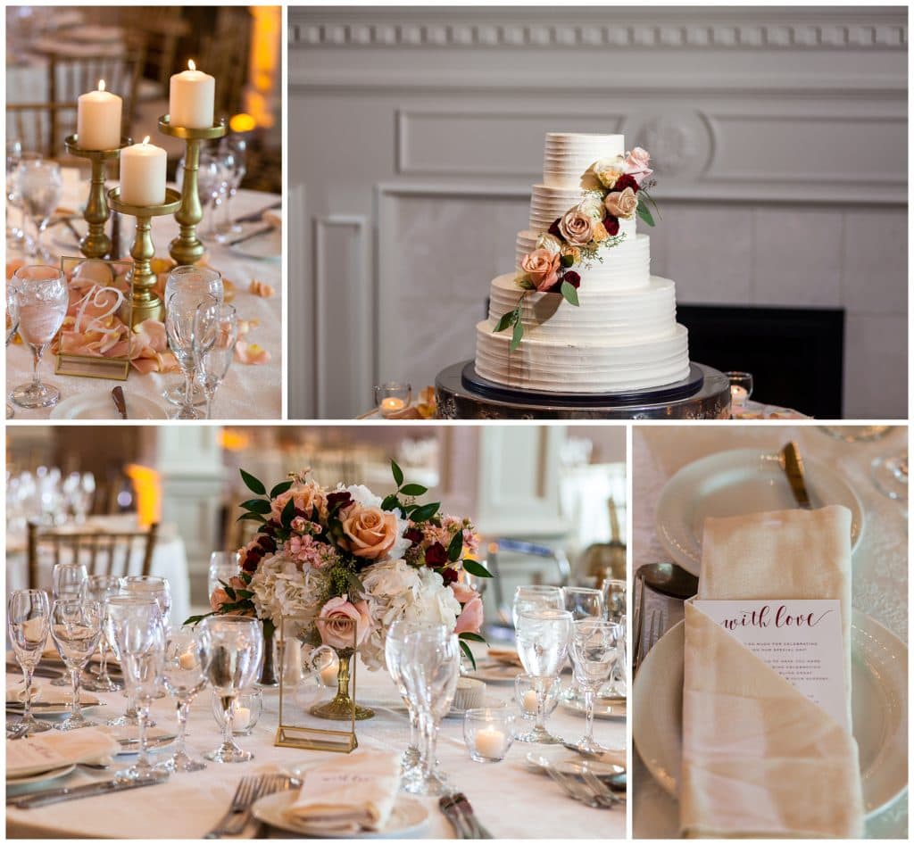 William Penn Inn wedding reception detail collage with gold candle centerpiece, white and pink floral centerpiece, simple wedding cake with floral rose detail, and menu cards in napkin