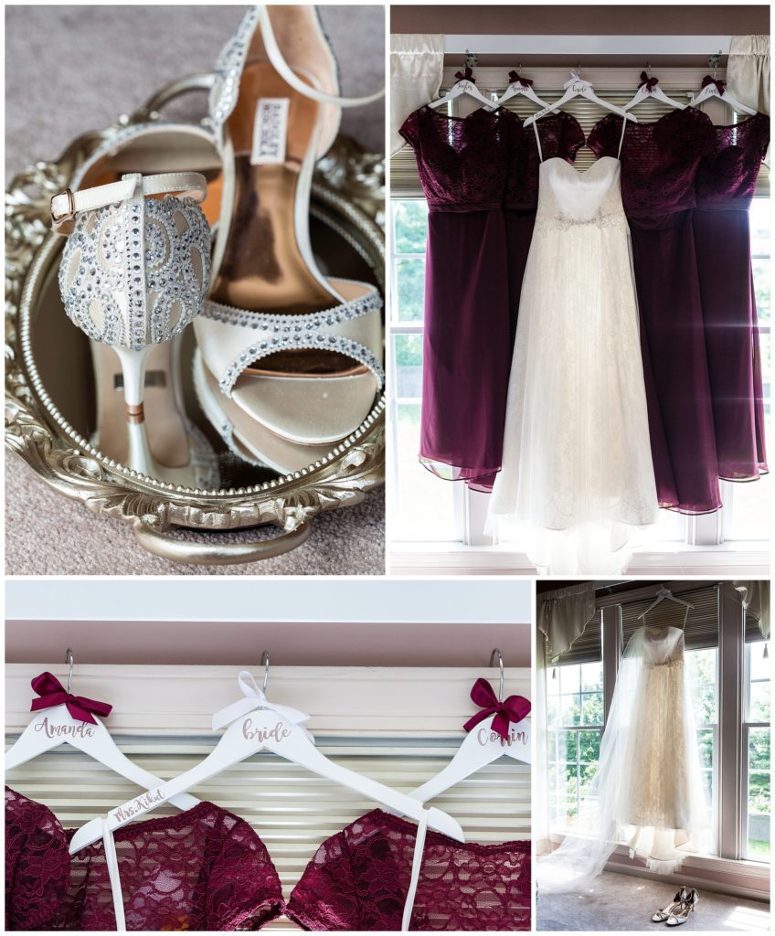 Badgley Mischka bridal heels, personalized bride and bridesmaids hangers with maroon bridesmaids dresses, and bridal gown hanging in window collage