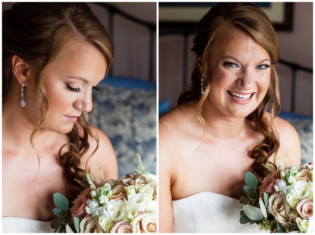 Traditional window lit bridal portrait with dusty rose bouquet collage