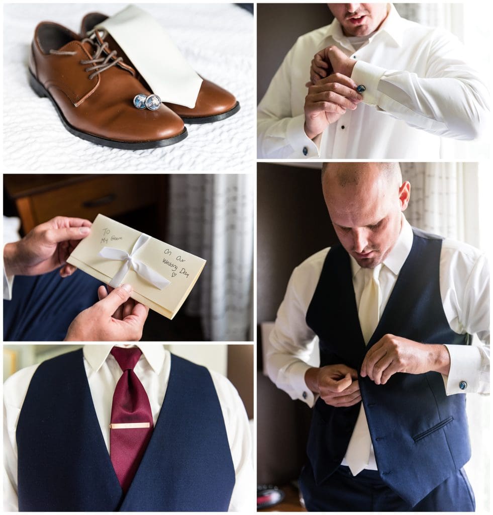 Groom getting ready collage with dress shoes, tie, cufflink, and letter from bride detail