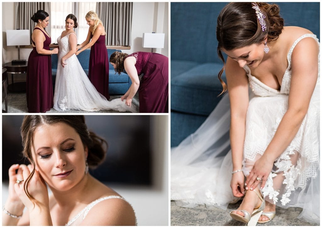Bridesmaids helping bride into gown and bride putting on earrings and shoes collage