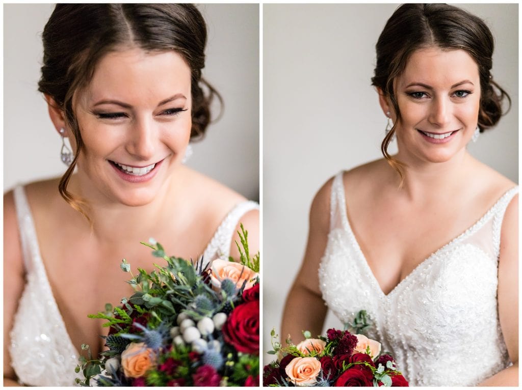 Traditional window lit bridal portrait collage with colorful bouquet
