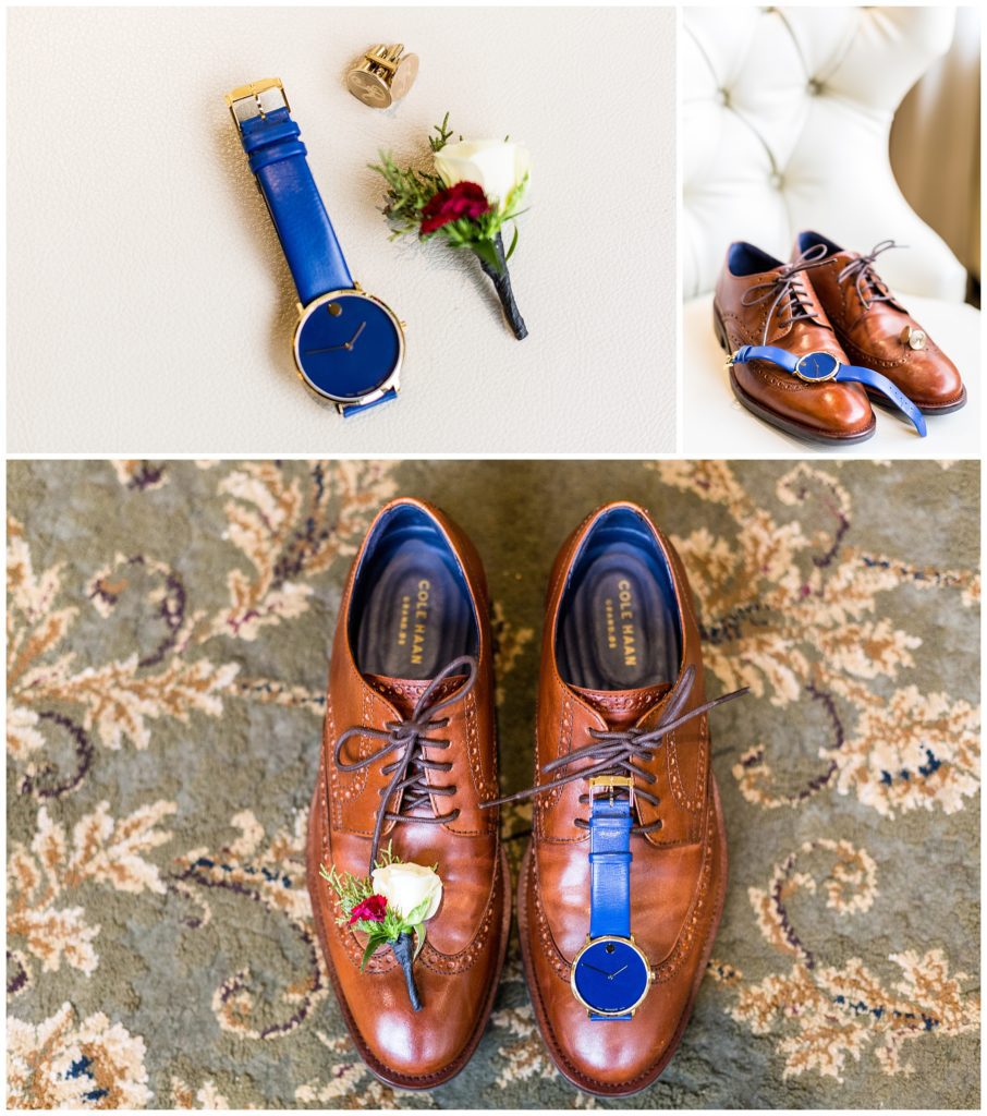 Groom wedding detail collage with real blue watch, brown Cole Haan dress shoes, and white and red rose boutonniere