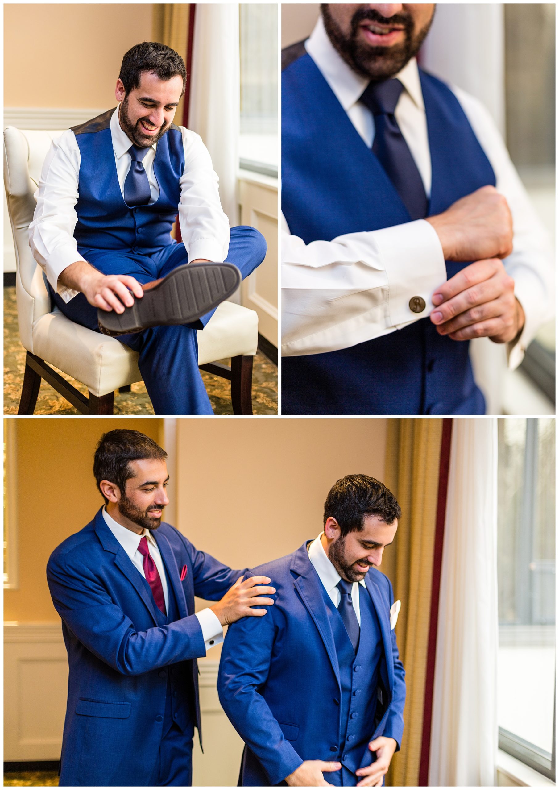 Groom getting ready collage with groomsmen helping at Radnor Hotel wedding