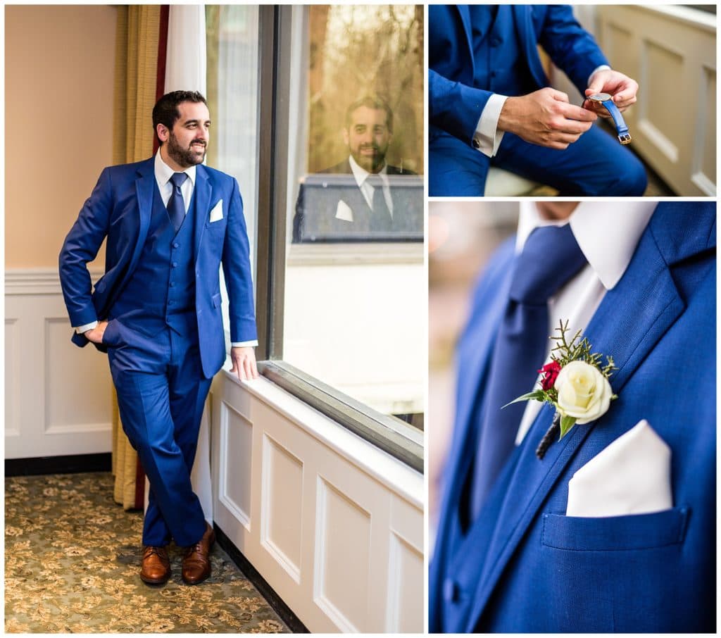 Traditional window lit groom portrait with white boutonniere and royal blue watch and tuxedo