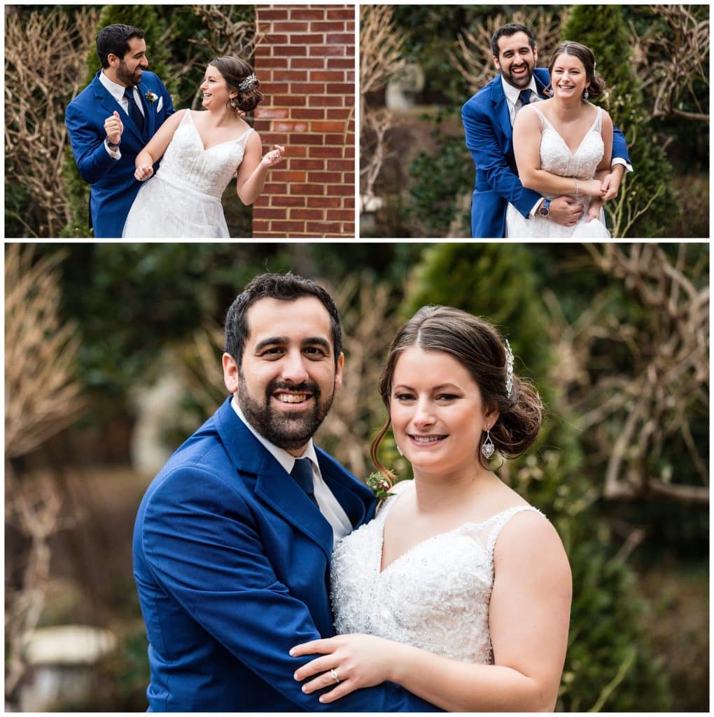 Bride and groom dances, hugging, and smiling portrait collage in gardens at Radnor Hotel wedding