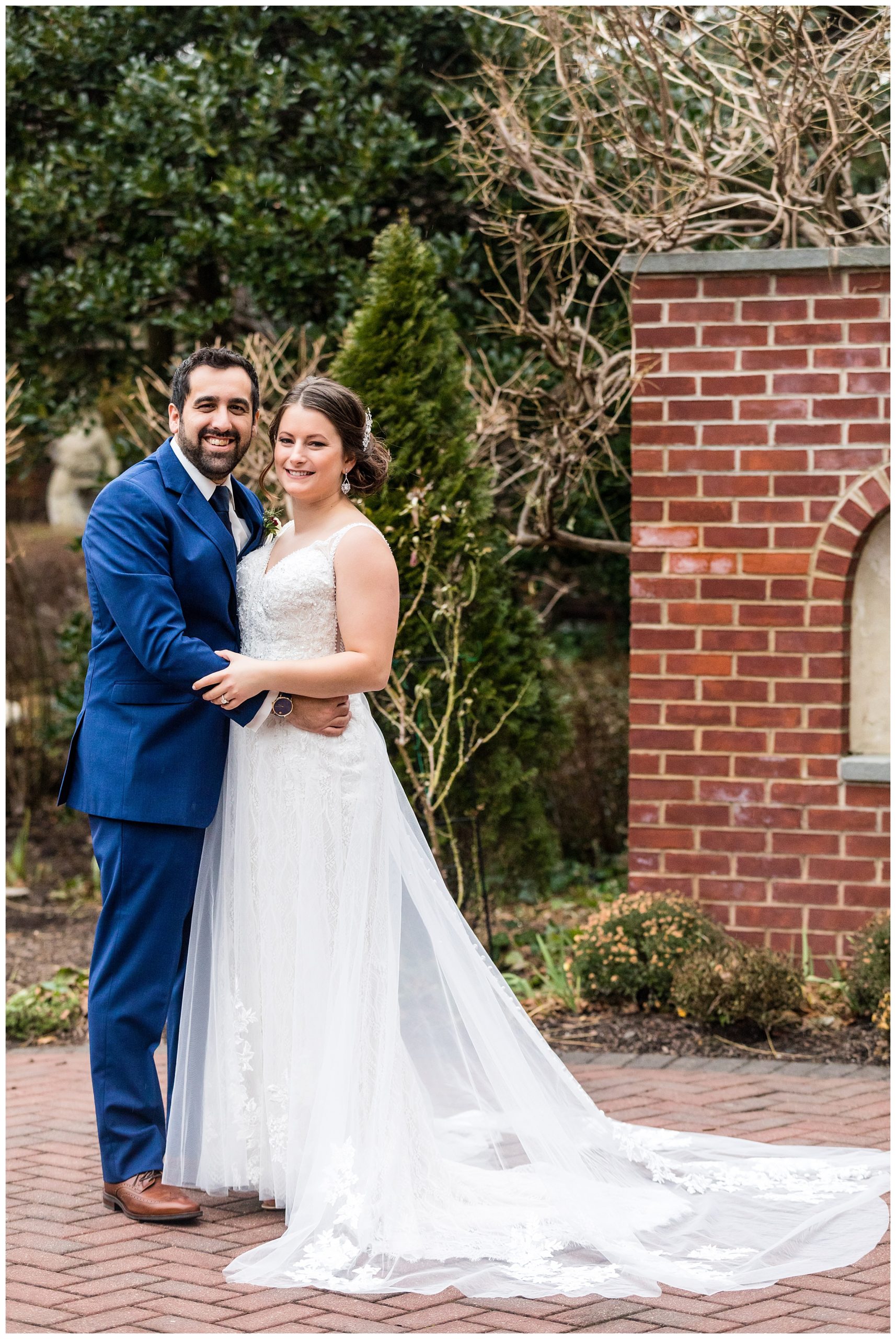 Traditional bride and groom portrait in garden at Radnor Hotel wedding