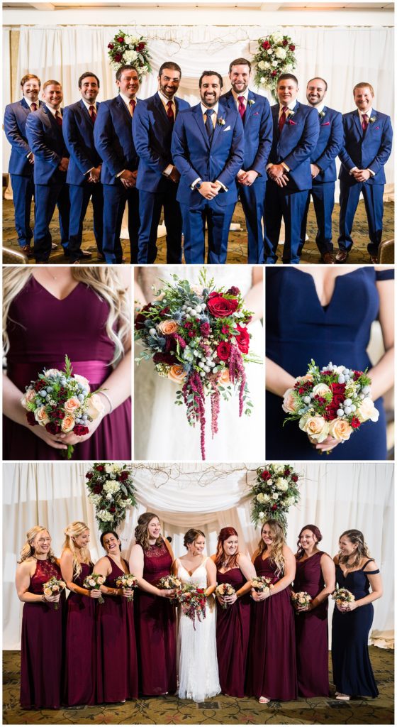 Traditional groomsmen and bridal party portrait collage with bridal bouquet, maid of honor bouquet, and bridesmaid bouquet details