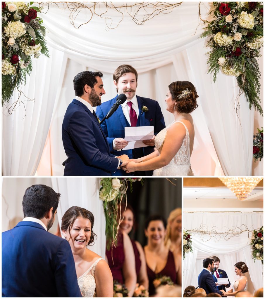 Bride and groom laugh during ceremony collage at Radnor Hotel winter wedding