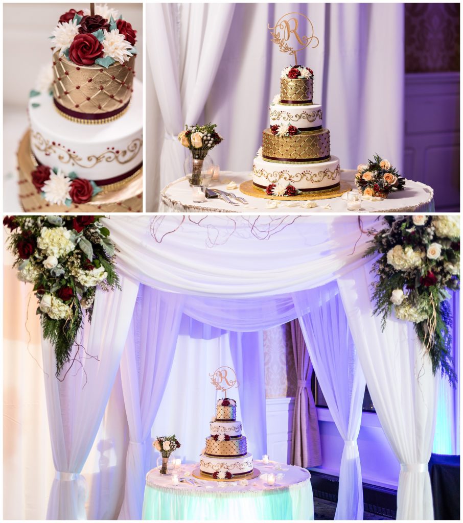 Extravagant red and gold wedding cake with rose and floral details at Radnor Hotel winter wedding