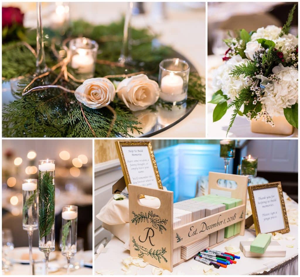 Radnor Hotel winter wedding reception details with white floral and green pine centerpieces and fun Jenga guest book