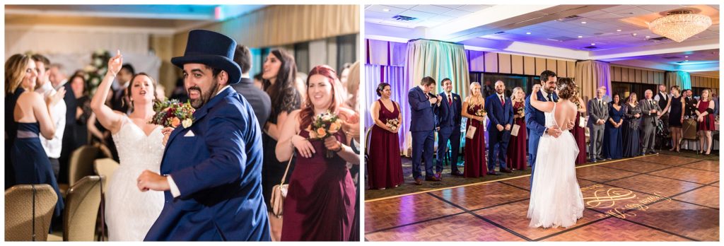 Bride and groom first dance collage with groom dancing in top hat at Radnor Hotel wedding reception