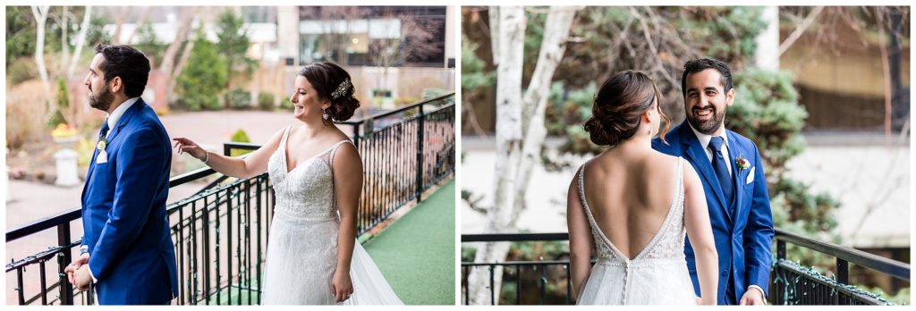 Bride tapping groom on shoulder and groom turning around to see bride at first look at Radnor Hotel winter wedding