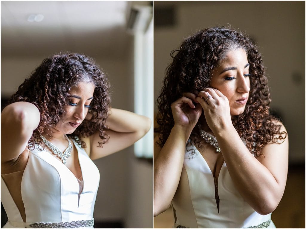 Traditional window lit portrait collage of bride putting on jewelry before wedding at Penn Museum
