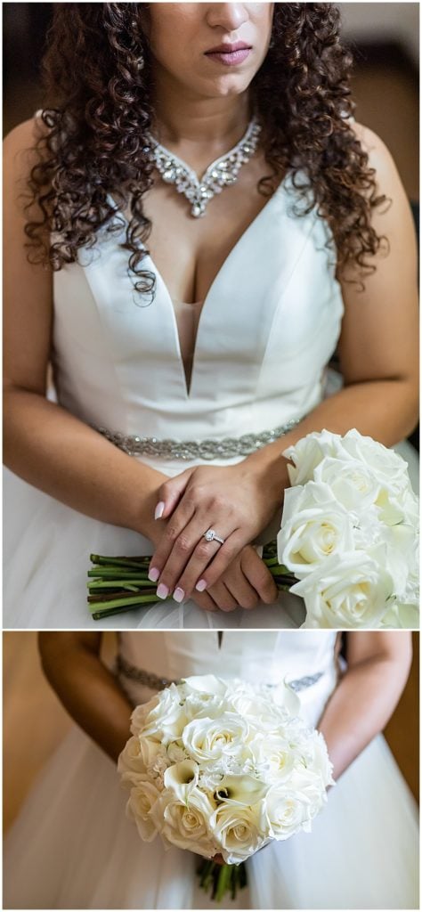 Bridal portrait collage highlighting brides necklace, engagement ring, and white rose bouquet