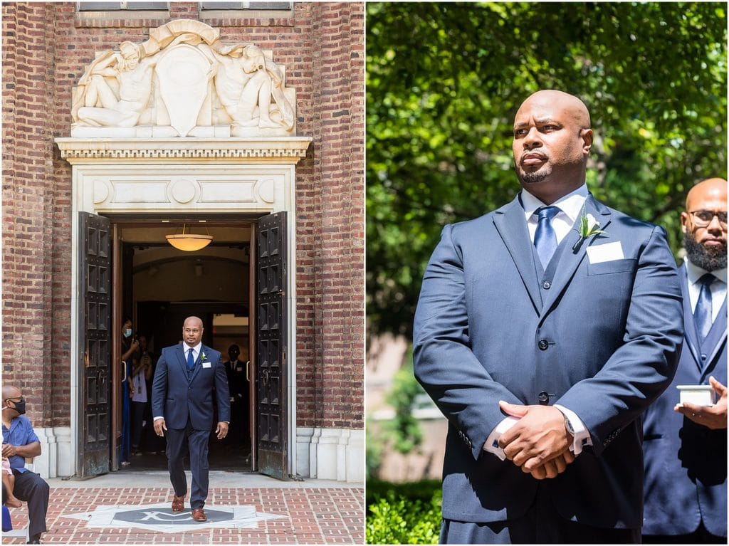 Collage of groom walking down aisle and waiting for bride at Penn Museum micro wedding