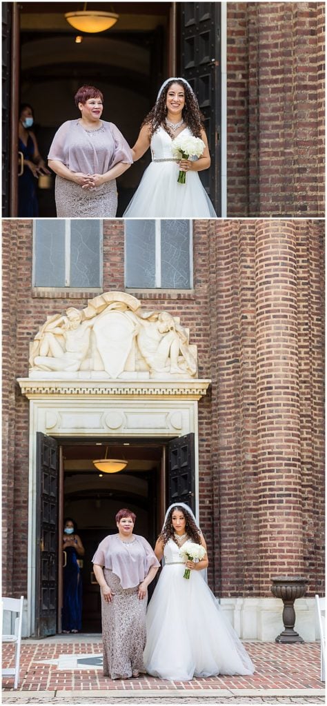 Mother of the bride walks bride down aisle in Penn Museum micro wedding ceremony