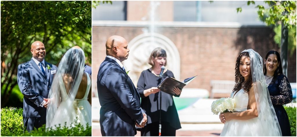 Collage of bride and groom laughing during intimate ceremony in garden courtyard at Penn Museum micro wedding